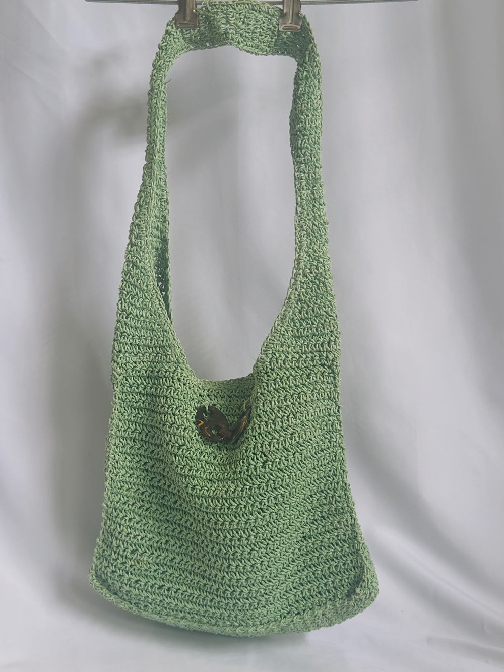 Light Green Crotched Woven Plastic Rafia Hobo Shoulder Bag Lined Tortoise Shell